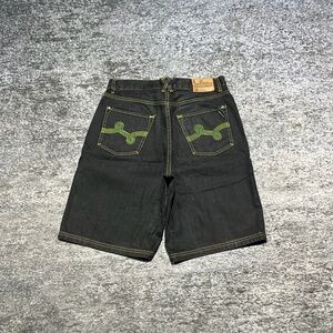 Vintage LRG Jean Shorts Mens 32 Black Denim Y2K Baggy Embroidered Hip-Hop Jorts